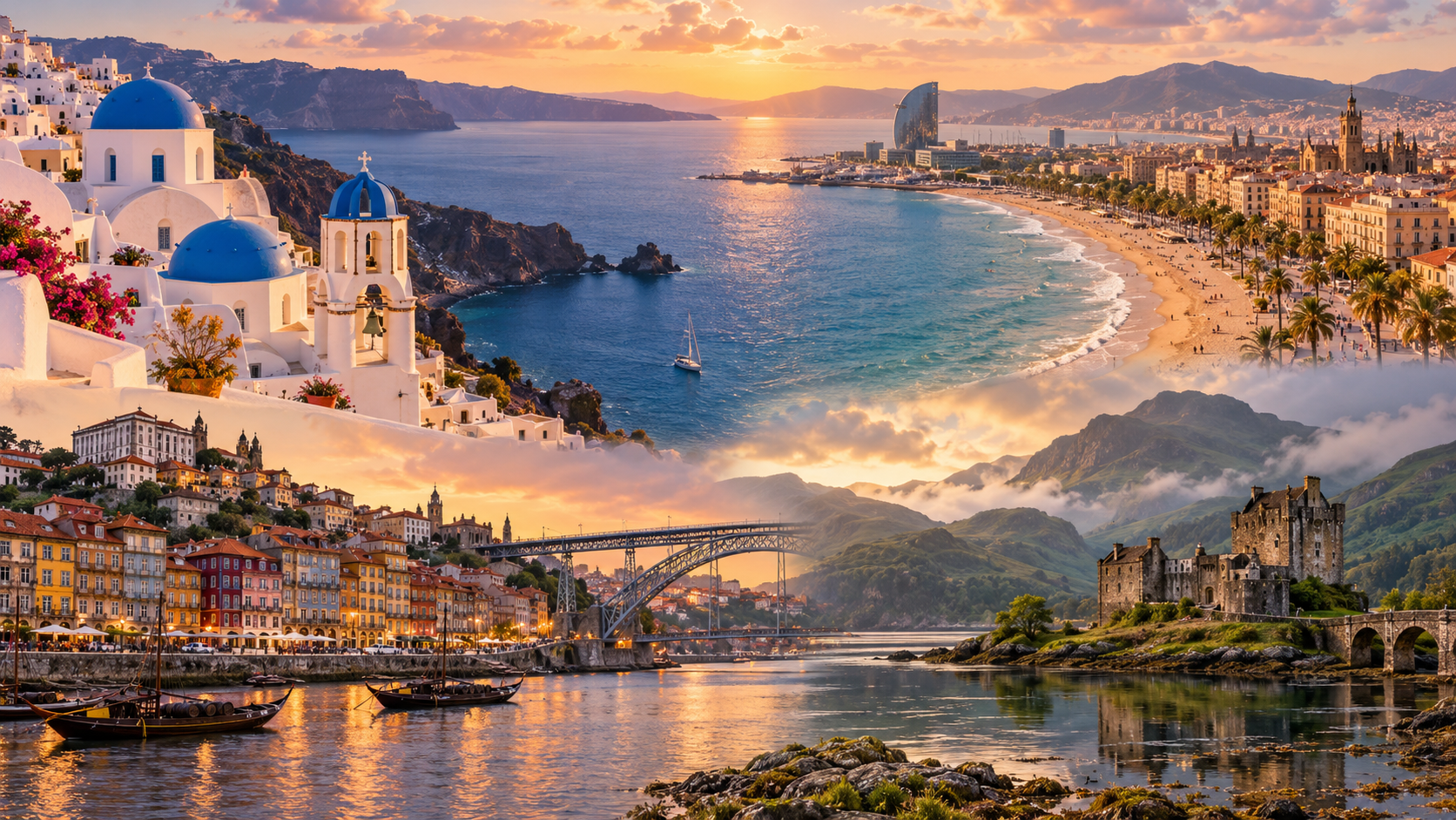 Santorini, coastal Spain, Porto and the Scottish Highlands blended into a European travel scene